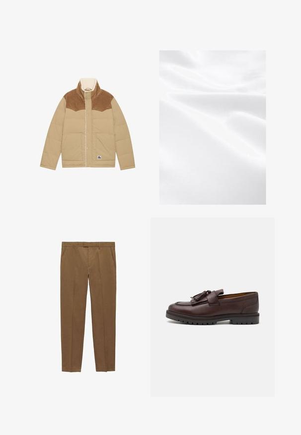 Vaaleanbeige puffatakki, jossa on ruskea corduroy-olka, korkea kaulus ja lampaanvilla vuori. Varusteena napit ja sivutaskut.; Valkoinen kangas, jonka pinta on sileä ja siinä näkyy ryppyjä sekä hienovaraista kiiltoa, mikä viittaa kevyeseen ja pehmeään materiaaliin.; Ruske räätälöidyt housut, jotka on valmistettu sileästä kankaasta, joissa on tasainen etuosa, suorat lahkeet, vyölenkit ja sivutaskut.; Zign Puvunkengät - brown
