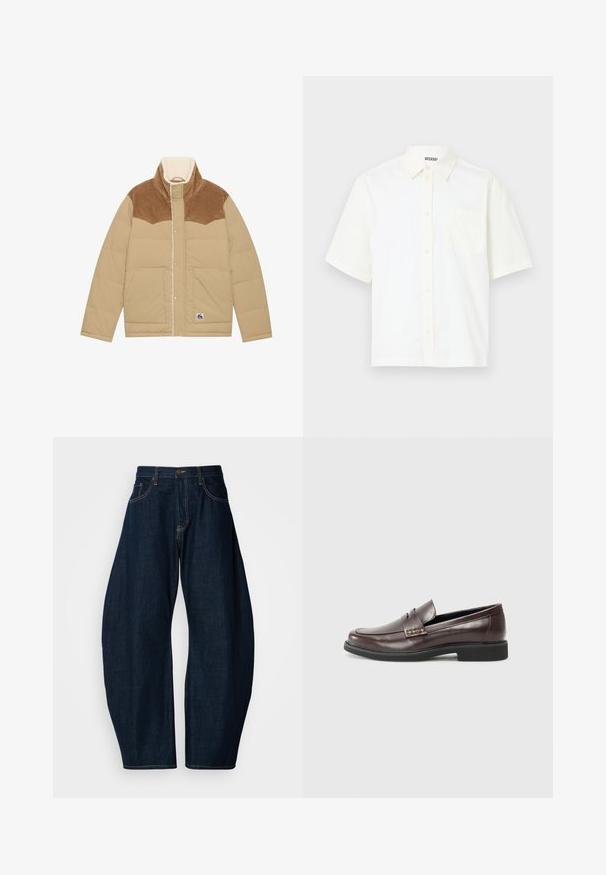 Doudoune beige clair avec un empiècement en velours côtelé marron, col montant et doublure en shearling. Elle dispose de fermetures à pression et de poches latérales.; Chemise à manches courtes, à boutons, en coton écru. Avec un col et une poche sur la poitrine gauche, elle présente un design simple et une texture douce.; Jean en denim bleu foncé avec une coupe large, doté de coutures visibles, de cinq poches et d'une fermeture à bouton en laiton à la taille.; Mocassins en cuir marron avec une finition lisse, présentant un léger détail de couture sur le dessus et une semelle en caoutchouc noire.