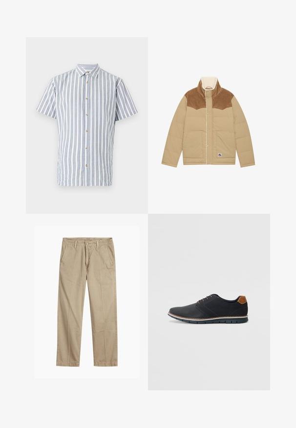 Lichtbeige pufferjack met een bruine corduroy schouderpartij, hoge kraag en een voering van schapenvacht. Beschikt over drukknoopsluitingen en zijzakken.; Korte mouwen shirt in lichtblauw met witte strepen, met een knoopsluiting aan de voorkant en beige knopen. Gemaakt van een gestructureerde stof.; Beige rechte pijpen chinos met riemlussen, voorkant met knoop en rits sluiting, en schuine voorzakken.; Zwarte synthetische schoenen met een gestructureerde bovenkant, gladde accenten, bruine hak en een contrasterende zool. Bevat minimale veters en stikdetails.