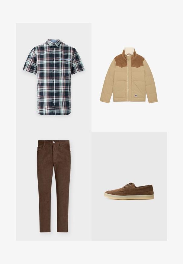 Jachetă puffer de un bej deschis, cu o zonă din catifea maro pe umeri, guler înalt și căptușeală din blană sintetică. Dispune de închideri cu capse și buzunare laterale.; Camică cu mânecă scurtă, în carouri, în nuanțe de bleumarin, verde și burgund, cu închidere cu nasturi, guler și un singur buzunar pe piept. Material din bumbac.; Pantaloni de corduroy maro, cu croială dreaptă, având închidere cu nasture, buzunare frontale și textură verticală cu arcuri pe toată suprafața.; Pantofi din suede maro cu un profil jos, design cu sireturi, talpă din cauciuc și detalii de cusătură contrastante. Stil simplu și funcțional.