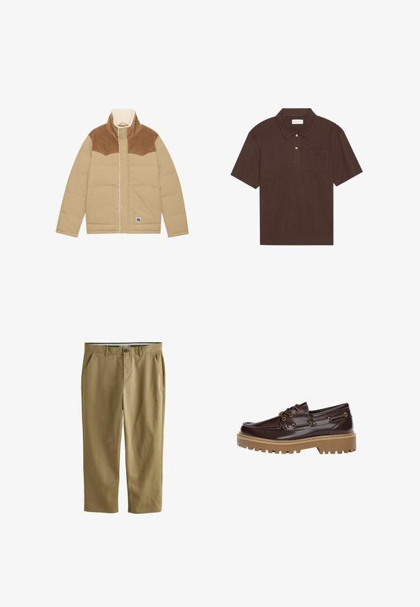 Doudoune beige clair avec un empiècement en velours côtelé marron, col montant et doublure en shearling. Elle dispose de fermetures à pression et de poches latérales.; Polo marron en tissu doux, avec un col, une patte de boutonnage à trois boutons et une poche sur la poitrine gauche. Manches courtes, coupe décontractée.; Chinos kaki en mélange de coton, dotés de deux poches latérales, d'une fermeture à bouton, de jambes droites et d'une texture lisse.; Chaussure bateau en cuir marron avec finition texturée, présentant des accents en métal doré, une semelle en caoutchouc beige épaisse et un design classique à lacets.