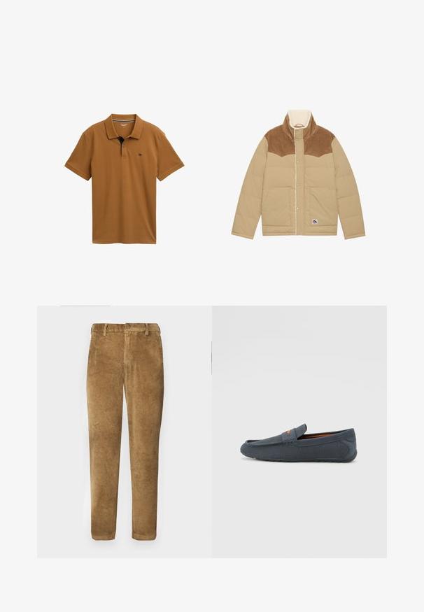 Helle beigefarbene Pufferjacke mit einem braunen Baumwollrücken, hohem Kragen und Lammfellfutter. Verfügt über Druckknöpfe und Seitentaschen.; Braunes Polohemd aus glattem Baumwollstoff mit klassischem Kragen, Knopfleiste mit drei Knöpfen und kontrastierendem Marineblau am Kragen.; Braune Cordhosen mit vertikal gerippter Textur, geradem Schnitt, Knopfverschluss und Gürtelschlaufen. Glattes Gewebe mit weicher Oberfläche.; Graue durchbrochene Slipper mit einem Schlupfdesign, featuring einem orangen Akzent, runder Zehenform und strukturiertem Gummisohle.