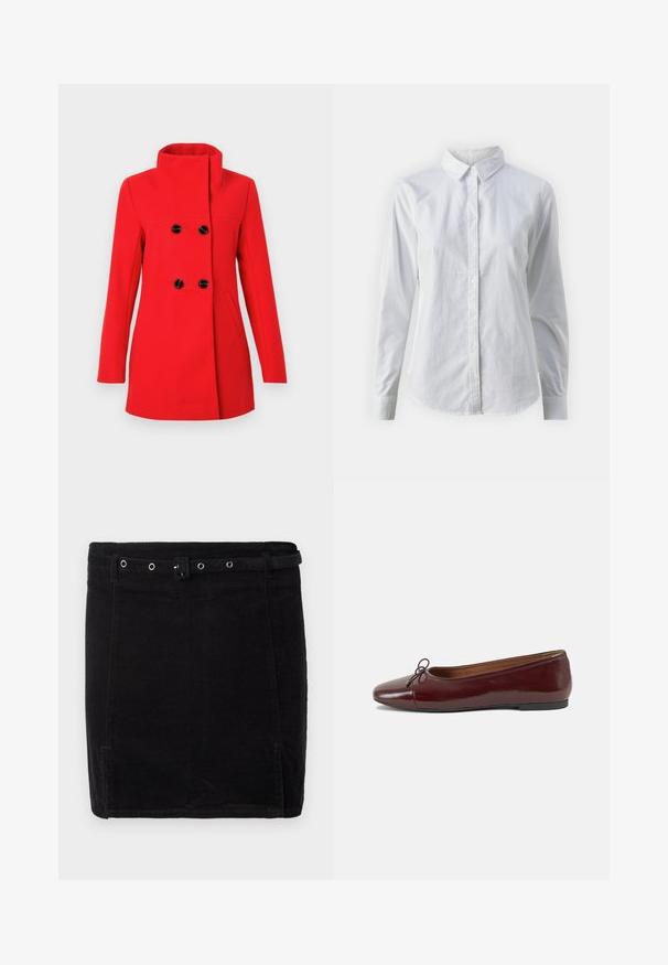 Punane villane mantel, millel on kõrge krae, kahekordse ridadega esitükk mustade nuppudega, kaks küljetaskut ja vormis lõige.; Valge nööpidega särk, mis on valmistatud siledast puuvillast. Särgil on klassikaline krae, pikad varrukad ja kaarduv äär. Nöödid on väikesed ja valged.; Mustmustest muströöpidega seelik, millel on trimm, nahkrihm, hõbedased detailid ja tagasihoidlik vertikaalne sooniktekstuur.; Burgundi patendnahk kingad balletitüüpi, ümmarguse ninaosa, ees väike paelaaktsent ja madal must kummist tald. Sile tekstuur.