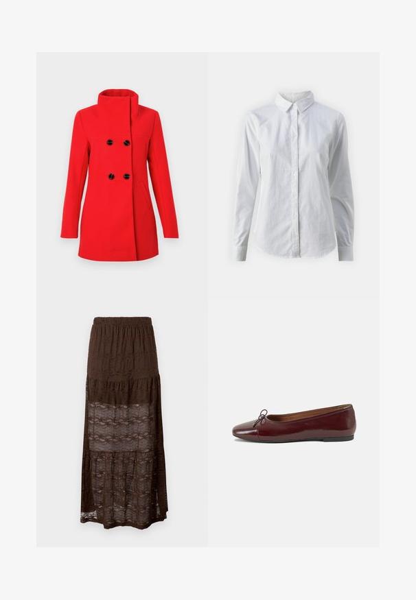 Roter Wollmantel mit hohem Kragen, doppelt geknöpftem Vorderteil mit schwarzen Knöpfen, zwei seitlichen Taschen und schmaler Passform.; Weißes Hemd mit Knöpfen, aus glattem Baumwollstoff, mit klassischem Kragen, langen Ärmeln und abgerundetem Saum. Die Knöpfe sind klein und weiß.; Brauner Spitzen-Maxi-Rock mit einem gestuften Design, featuring einen gerafften Bund und wellenförmige Muster im gesamten Stoff. Leicht und halbtransparent.; Burgunderfarbenes, lackiertes Ballettschuh mit abgerundetem Zehenbereich, kleiner Schleifenakzent vorne und einer niedrigen, schwarzen Gummisohle. Glatte Textur.
