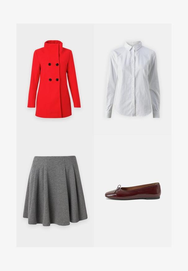 Rdeč volnen plašč z visokim ovratnikom, dvorednim sprednjim delom s črnimi gumbi, dvema stranskima žepoma in krojenim pasom.; Bela srajca z gumbki, narejena iz gladkega bombaža, s klasičnim ovratnikom, dolgimi rokavi in ukrivljenim robom. Gumbi so majhni in beli.; Siva plisirana krila iz mehkega materiala, ki ima prilegajoč pas in razširjeno silhueto, z gladko teksturo in čistim zaključkom.; Burgundska patenti usnjeni baletni čevlji z zaobljenim prstom, majhnim lokom na sprednji strani in nizkim črnim gumijastim podplatom. Gladka tekstura.