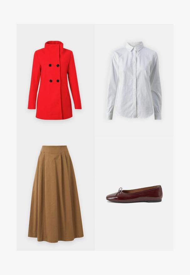Palton roșu din lână, cu guler înalt, închidere cu două rânduri de nasturi negri, două buzunare laterale și croială ajustată.; Cămașă albă cu nasturi, confecționată din bumbac neted, având un guler clasic, mâneci lungi și un tiv curbat. Nasturii sunt mici și albi.; Fustă A-line din bumbac maro, cu talie înaltă, având pliseuri pe față și o textură netedă. Marginile sunt finisate curat și simplu.; Balerini din piele patent burgund cu vârful rotund, accent de fundiță mică în față și talpă joasă din cauciuc negru. Textură netedă.