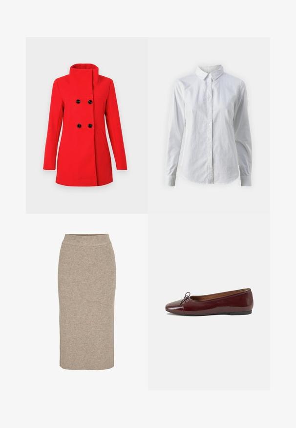 Piros gyapjú kabát magas gallérral, dupla soros fekete gombokkal az elején, két oldalzsebbel és testhezálló szabással.; Fehér, sima pamutből készült gombos ing, klasszikus gallérral, hosszú ujjakkal és ívelt hemvéggel. A gombok kicsik és fehérek.; Kötött ceruzaszoknya világos bézs színben, bordázott textúrával, magas derekú és slim fit fazonnal. Szegélye a térd alatt ér véget.; Burgundi lakkbőr balettcipő kerek orral, elöl kis masni díszítéssel és alacsony, fekete gumi talppal. Simára csiszolt felület.
