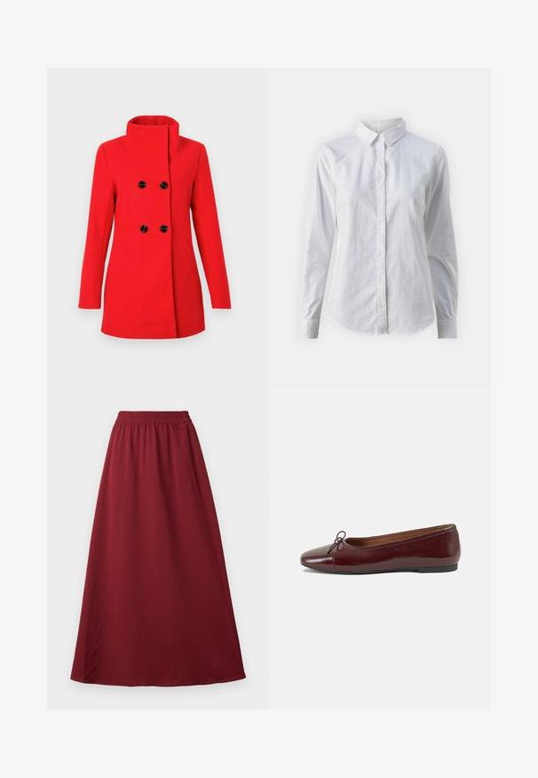 Rød ullkåpe med høy krage, dobbelspent front med svarte knapper, to sidelommer og en skreddersydd passform.; Hvit skjorte med knapper laget av glatt bomull, med klassisk krage, lange ermer og buet skjær. Knapper er små og hvite.; Burgunderfarget maxiskjørt med elastisk midjebånd, som har et glatt og flytende stoff samt et enkelt, uprydet design.; Burgunderrød lakk lær ballettleilighet med rund tå, liten sløyfe foran og en lav, svart gummisåle. Glatt tekstur.