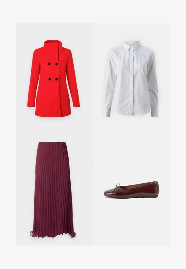 Raudonas vilnonis paltas su aukštu apykakliu, dvieiliais juodais mygtukais priekyje, dviem šoniniais kišenėmis ir pritaikytu kirpimu.; Balta marškinėliai su mygtukais, pagaminti iš lygios medvilnės, su klasikiniais apykaklės, ilgomis rankovėmis ir lenktu kraštu. Mygtukai maži ir balti.; Ilga burgundi spalvos klostuota sijonas, pagamintas iš lengvos medžiagos, su elastinga juosta ir šiek tiek banguotu apvadu. Tekstūruoti vertikalūs klostės visame sijone.; Bordo lakiotos odos baleto bateliai su apvalia nosimi, maža kaspinėlio akcentu priekyje ir žema juoda guma padanga. Lygi tekstūra.