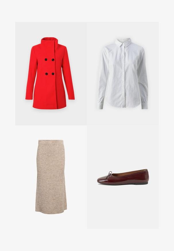 Manteau en laine rouge avec col montant, devant croisé à double boutonnage avec boutons noirs, deux poches latérales et coupe cintrée.; Chemise blanche à manches longues en coton lisse, dotée d'un col classique et d'un ourlet arrondi. Les boutons sont petits et blancs.; Jupe midi en laine beige avec une texture douce, une taille élastique et une silhouette droite, présentant un subtil motif chiné.; Ballerines en cuir verni bordeaux avec un bout rond, un petit nœud décoratif à l'avant et une semelle en caoutchouc noire basse. Texture lisse.