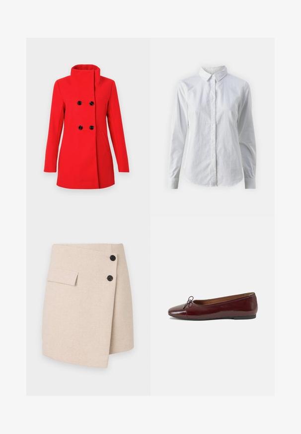 Casaco vermelho de lã com gola alta, frente dupla com botões pretos, dois bolsos laterais e corte ajustado.; Camisa branca de botão feita de algodão suave, com colarinho clássico, mangas longas e bainha curva. Os botões são pequenos e brancos.; Saia envolvente bege em tecido texturizado, com um bolso lateral, dois botões pretos e uma bainha ligeiramente curva.; Bailarinas em couro sintético borgonha com bico redondo, pequeno laço na frente e sola baixa em borracha preta. Textura suave.