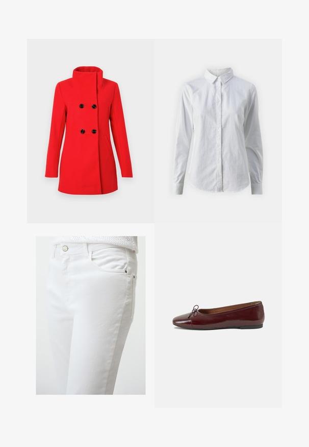 Rode wollen jas met een hoge kraag, dubbelgebreide voorkant met zwarte knopen, twee zijzakken en een getailleerde pasvorm.; Witte overhemd met knopen van glad katoen, met een klassieke kraag, lange mouwen en een afgeronde zoom. De knopen zijn klein en wit.; Witte denim jeans met een gladde textuur, met een voorklep, zilveren knoopsluiting en zijnaaddetails.; Bordeaux gepatenteerd lederen ballerina met een ronde neus, een klein strikaccent aan de voorkant en een lage, zwarte rubberen zool. Glad textuur.