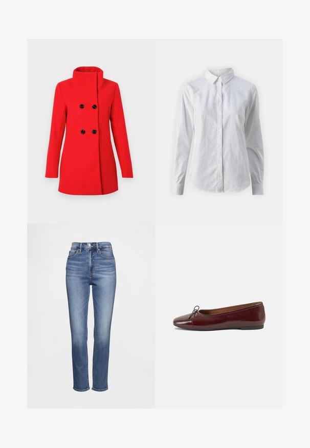 Rdeč volnen plašč z visokim ovratnikom, dvorednim sprednjim delom s črnimi gumbi, dvema stranskima žepoma in krojenim pasom.; Bela srajca z gumbki, narejena iz gladkega bombaža, s klasičnim ovratnikom, dolgimi rokavi in ukrivljenim robom. Gumbi so majhni in beli.; Modre kavbojke z visokim pasom iz jeansa, z značilnim klasičnim pet žepnim dizajnom, nežnim izraženim gubami in ravnim krojem hlačnic.; Burgundska patenti usnjeni baletni čevlji z zaobljenim prstom, majhnim lokom na sprednji strani in nizkim črnim gumijastim podplatom. Gladka tekstura.