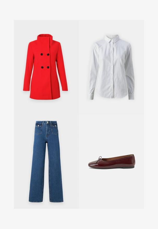 Sarkans vilnas mētelis ar augstu apkakli, divrindu aizdari ar melniem pogām, divām sānu kabatām un pieguļošu siluetu.; Balta pogājamā krekla augšdaļa, izgatavota no gluda kokvilnas, ar klasisku apkakli, garām piedurknēm un izliekto apakšmalu. Pogas ir mazas un baltas.; Platas kāju džinsi, izgatavoti no tumša denima. Iezīmē divas priekšējās kabatas un pogu aizdari. Gluda tekstūra ar redzamu šuvi un strukturētu formu.; Burgundijas laku ādas baleta kurpes ar noapaļotu purngalu, nelielu loku akcentu priekšā un zemu melnu gumijas zoli. Gluda tekstūra.