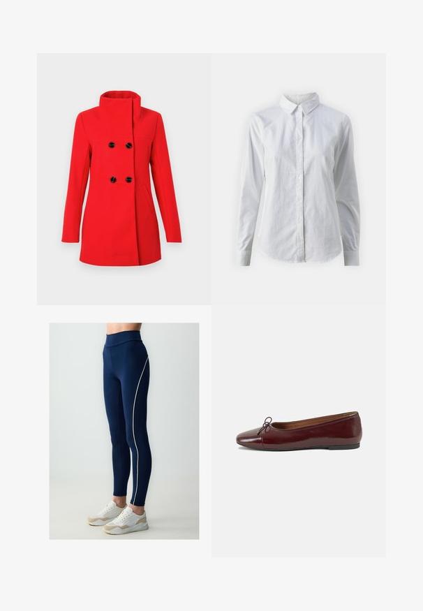 Rode wollen jas met een hoge kraag, dubbelgebreide voorkant met zwarte knopen, twee zijzakken en een getailleerde pasvorm.; Witte overhemd met knopen van glad katoen, met een klassieke kraag, lange mouwen en een afgeronde zoom. De knopen zijn klein en wit.; Marineblauwe legging met een hoge tailleband, voorzien van een witte zijpijpdetail, gemaakt van rekbaar materiaal. Gecombineerd met witte en beige sneakers.; Bordeaux gepatenteerd lederen ballerina met een ronde neus, een klein strikaccent aan de voorkant en een lage, zwarte rubberen zool. Glad textuur.