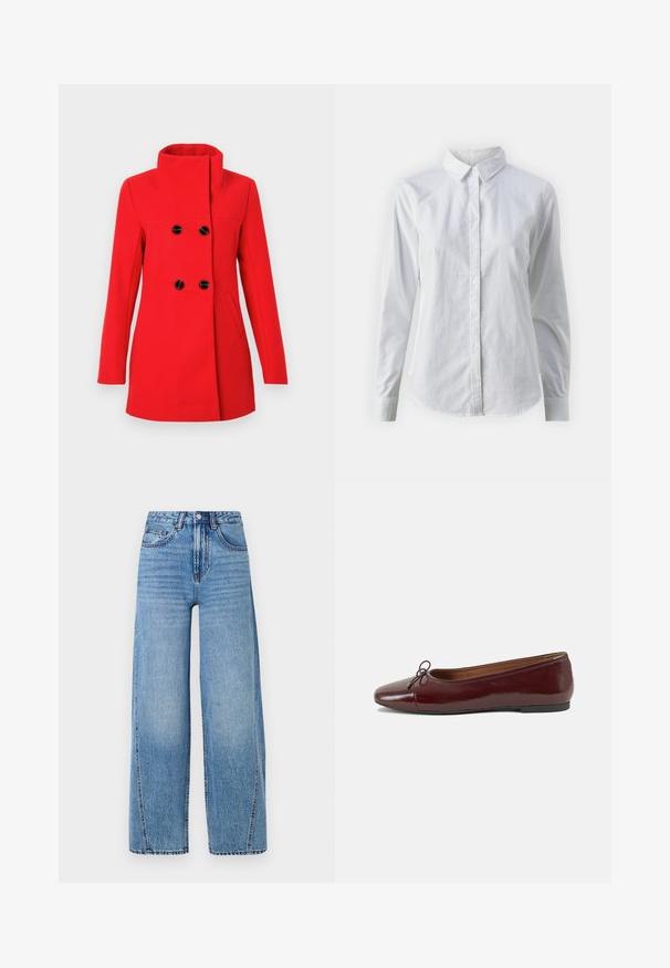 Crveni vuneni kaput s visokim ovratnikom, dvostrukim kopčanjem s crnim gumbima, dvije bočne džepove i krojom koji prati liniju tijela.; Bjela košulja na dugih rukava od glatkog pamuka, s klasičnom kragnom i zakrivljenim rubom. Dugmad su mala i bijela.; Svijetloplavi traperice s visokim strukom i širokim nogavicama, s prednjim džepovima, petljama za remen, kopčanjem na dugme i vidljivim detaljima šivanja.; Burgundska lakirana balerinka s zaobljenim vrhom, malim mašnom sprijeda i niskom, crnom gumenom potplatu. Glatka tekstura.