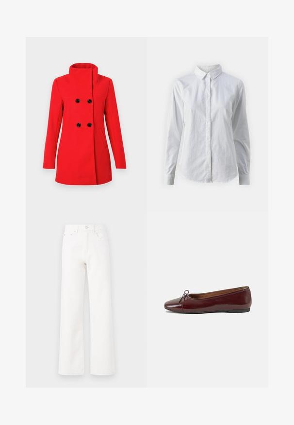 Rode wollen jas met een hoge kraag, dubbelgebreide voorkant met zwarte knopen, twee zijzakken en een getailleerde pasvorm.; Witte overhemd met knopen van glad katoen, met een klassieke kraag, lange mouwen en een afgeronde zoom. De knopen zijn klein en wit.; Witte denim jeans, hoog in de taille, wijde pijpen, klassiek vijfzakkenontwerp, sluiting met een knoop en ritssluiting aan de voorkant, gladde textuur zonder zichtbare patronen.; Bordeaux gepatenteerd lederen ballerina met een ronde neus, een klein strikaccent aan de voorkant en een lage, zwarte rubberen zool. Glad textuur.