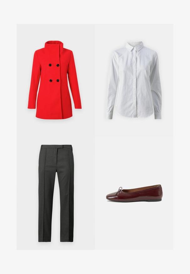 Raudonas vilnonis paltas su aukštu apykakliu, dvieiliais juodais mygtukais priekyje, dviem šoniniais kišenėmis ir pritaikytu kirpimu.; Balta marškinėliai su mygtukais, pagaminti iš lygios medvilnės, su klasikiniais apykaklės, ilgomis rankovėmis ir lenktu kraštu. Mygtukai maži ir balti.; Tamsiai pilki pritaikyti kelnių su raukšle priekyje, diržo kilpelėmis ir paslėptu priekiu užsegimu, pristatyti prieš baltą foną.; Bordo lakiotos odos baleto bateliai su apvalia nosimi, maža kaspinėlio akcentu priekyje ir žema juoda guma padanga. Lygi tekstūra.