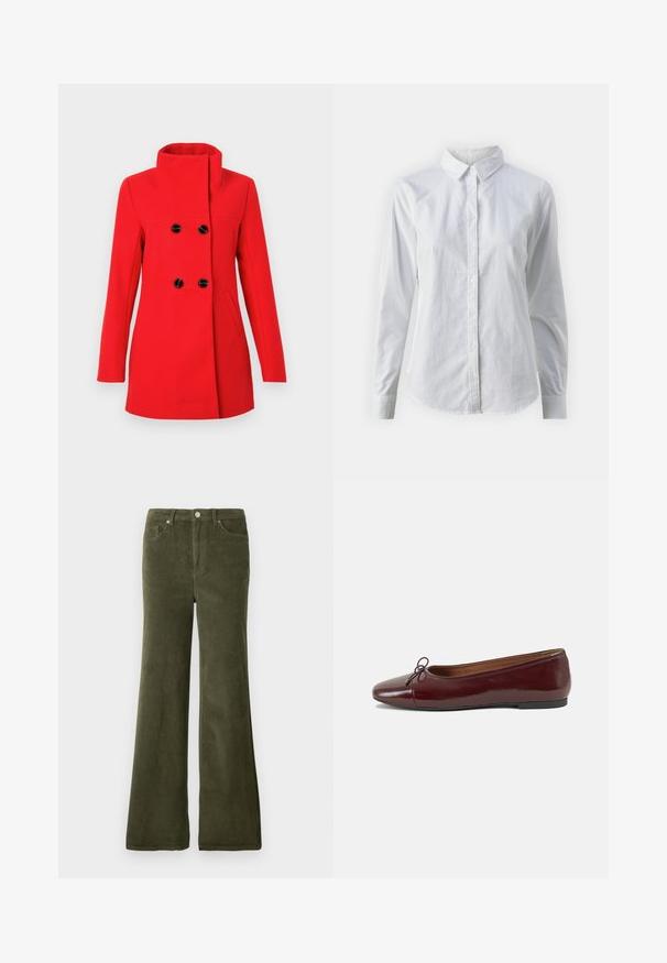 Rød ullkåpe med høy krage, dobbelspent front med svarte knapper, to sidelommer og en skreddersydd passform.; Hvit skjorte med knapper laget av glatt bomull, med klassisk krage, lange ermer og buet skjær. Knapper er små og hvite.; Olivengrønne corduroy flared bukser med en glat overflade, forlommer og en metalknaplukning i taljen.; Burgunderrød lakk lær ballettleilighet med rund tå, liten sløyfe foran og en lav, svart gummisåle. Glatt tekstur.