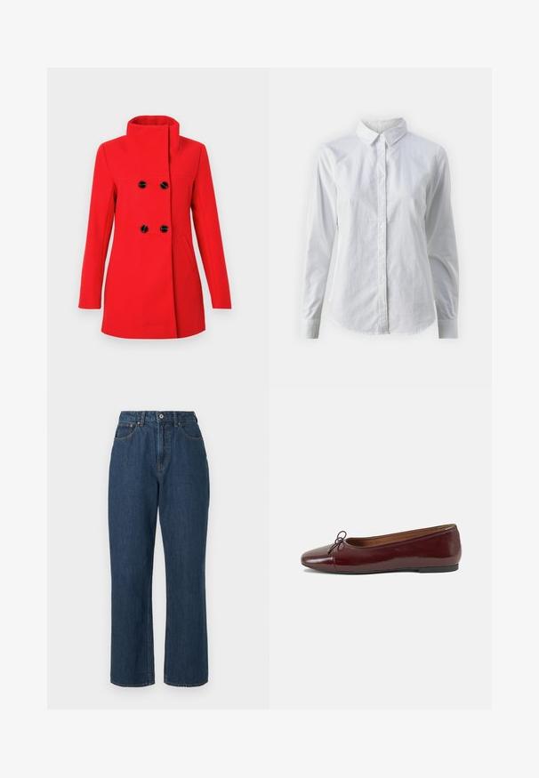 Rode wollen jas met een hoge kraag, dubbelgebreide voorkant met zwarte knopen, twee zijzakken en een getailleerde pasvorm.; Witte overhemd met knopen van glad katoen, met een klassieke kraag, lange mouwen en een afgeronde zoom. De knopen zijn klein en wit.; Blauwe denim jeans met een hoge taille, wijdlopende pijpen, zichtbare stiksels en een enkele sluiting met een knoop aan de voorkant. Geweven stof met een gladde afwerking.; Bordeaux gepatenteerd lederen ballerina met een ronde neus, een klein strikaccent aan de voorkant en een lage, zwarte rubberen zool. Glad textuur.