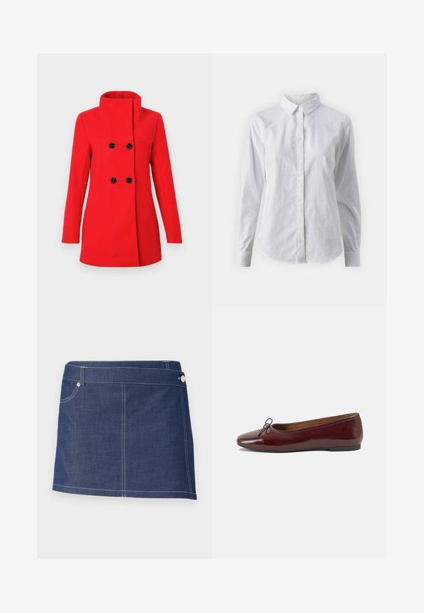 Rød uldfrakke med høj krave, dobbeltradet front med sorte knapper, to sidelommer og en skræddersyet pasform.; Hvid skjorte med knapper lavet af glat bomuld, der har en klassisk krave, lange ærmer og en buet kant. Knapperne er små og hvide.; Mørkeblåt denim miniskørt med hvid syning, der har en enkelt forlommer og en metalknaplukning ved taljen.; Bordeaux patentlæder balletflad med rund tå, lille sløjfeaccent foran og en lav, sort gummisål. Glat tekstur.