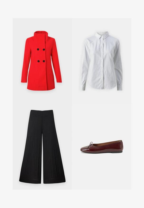 Red wool coat featuring a high collar, double-breasted front with black buttons, two side pockets, and a tailored fit.; White button-up shirt made of smooth cotton, featuring a classic collar, long sleeves, and a curved hem. Buttons are small and white.; Black wide-leg trousers made from lightweight fabric. Features a flat waistband and flowing material, with minimal stitching details.; Burgundy patent leather ballet flat with a rounded toe, small bow accent at the front, and a low, black rubber sole. Smooth texture.
