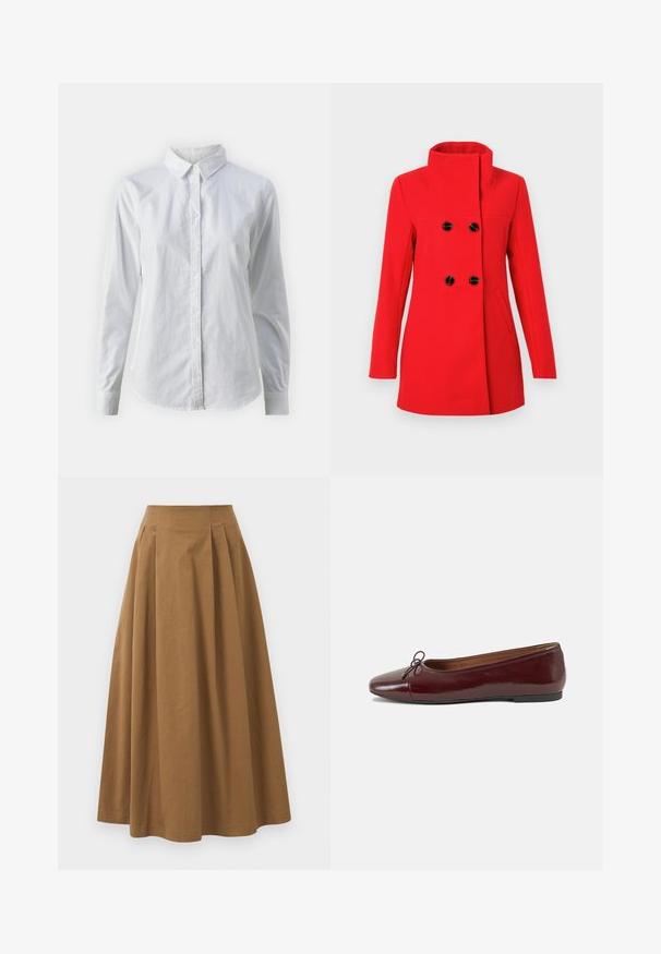 Punainen villakangastakki, jossa on korkea kaulus, kaksirivinen etuosa mustilla napeilla, kaksi sivutaskua ja istuva leikkaus.; Valkoinen napitettava paita, joka on valmistettu sileästä puuvillasta. Paidassa on klassinen kaulus, pitkät hihat ja kaareva helma. Nappien koko on pieni ja ne ovat valkoiset.; Ruskea puuvillainen A-linjainen hame korkealla vyötäröllä, jossa on laskokset edessä ja sileä pinta. Helma on viimeistelty siististi ja yksinkertaisesti.; Burgundin värinen lakattu nahkainen ballerinatossu pyöreällä varvaskärjellä, pienen nauhan yksityiskohdalla edessä ja matalalla mustalla kumipohjalla. Sujuva pinta.