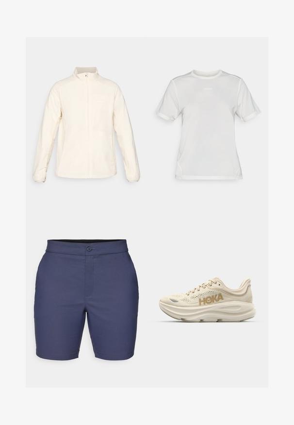 Fehér, könnyű dzseki magas gallérral, teljes cipzárral az elülső részen, hosszú ujjak, mellzseb és diszkrét logó a bal felső részen.; Fehér, rövid ujjú sportos hálós póló, kerek nyakkal és középen található kis "Salomon" logóval a mellkason.; Sötétkék rövidnadrág sima szövetből, gombos záródással, övhurkokkal és testhezálló szabással, tiszta szegéllyel.; Világos bézs futócipő, hálós felsőrésszel, párnázott nyakkal, kiemelkedő arany "HOKA" logóval és vastag, párnázott talppal a kényelem érdekében.