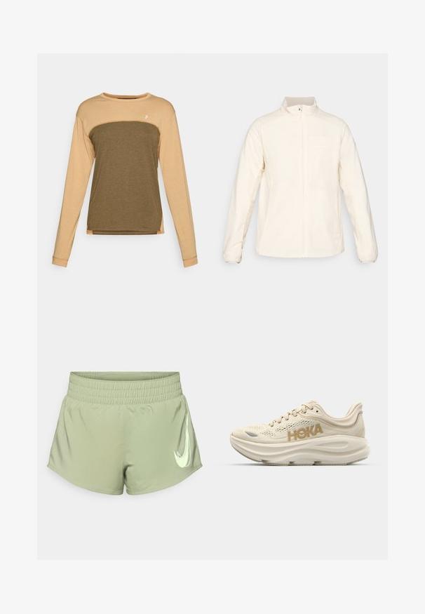 Valkoinen kevyt takki, jossa on korkea kaulus, täysipitkä vetoketju edessä, pitkät hihat, rintatasku ja huomaamaton logo vasemmassa yläkulmassa.; Pitkähihaisen paidan yläosa on beige ja alaosa tummanoliivinvihreä. Pehmeä, tekstuuriinen kangas, jossa on erottuvat olkasaumat.; Vihreät urheilushortsit, joissa on joustava vyötärö, ja alhaalla oikealla puolella on suuri valkoinen Nike-logon swoosh.; Vaalea beige juoksukenkä, jossa on verkkomainen päällinen, pehmustettu kaulus, näyttävä "HOKA" -logo kullassa sekä paksu, pehmeä pohja mukavuutta varten.