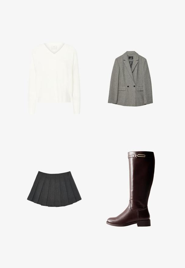 Blazer à motif pied-de-poule en noir et blanc, en tissu léger, design croisé, revers crantés et deux poches avant.; Pull blanc en V en tissu doux, avec des manches longues et une coupe décontractée. Texture côtelée discrète le long des poignets et de l'ourlet.; Jupe plissée en gris foncé, fabriquée à partir d'un tissu texturé. Elle présente une silhouette évasée avec des plis régulièrement espacés et une taille plate.; Botte en cuir marron foncé, montant jusqu'au genou, avec un petit talon bloc et une boucle décorative en métal doré près du haut.