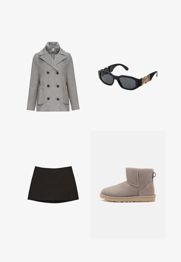 Szary płaszcz z wełny w mieszance, z podwójnym zapięciem, dużymi czarnymi guzikami, dwoma przednimi kieszeniami oraz odpinaną ocieplaną warstwą wewnętrzną.; Biała koszula z długim rękawem, klasycznym kołnierzykiem i małym niebieskim logo na mankiecie. Gładki materiał bawełniany, dopasowany krój.; Czarna mini spódnica wykonana z gładkiego materiału, o prostym kroju z bocznymi rozcięciami i czystym wykończeniem. Prosta i uniwersalna.; Szare zamszowe botki za kostkę o miękkiej strukturze, wzmocnionych szwach, okrągłym nosku i gumowej podeszwie z małą metką z logo z boku.; Czarne okulary przeciwsłoneczne z masywną, geometryczną ramką, ciemnymi soczewkami i złotymi metalowymi akcentami na zausznikach, z okrąłym detalem herbu.; Szary wełniany szalik o miękkiej teksturze, prostokątnym kształcie i frędzlach na brzegach. Tkanina posiada subtelny wzór splotu.; Czarna skórzana torba hobo o swobodnym fasonie, szerokim pasku na ramię i gładkiej fakturze. Posiada pojedyncze zapięcie na zamek z boku.