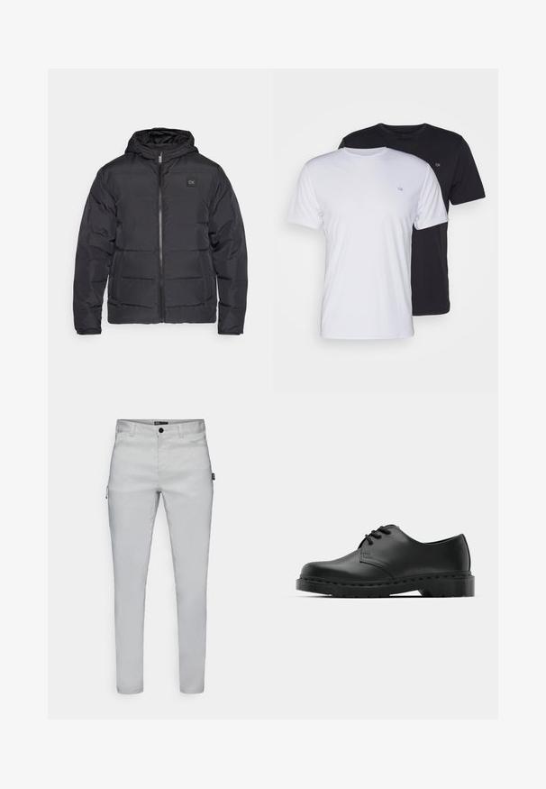Czarna ocieplana kurtka puchowa z kapturem, z zamkiem z przodu oraz dwoma bocznymi kieszeniami, ozdobiona małą naszywką z logo na klatce piersiowej.; Dwie bawełniane koszulki w kolorze białym i czarnym, z krótkim rękawem i okrągłym dekoltem, z małym logo na piersi, o gładkiej fakturze.; Jasnoszare, slim-fit spodnie o gładkiej fakturze, z przednim zapięciem na guziki i dyskretnymi kieszeniami bocznymi dla funkcjonalności.; Czarne skórzane półbuty oxford z zapięciem na sznurowadła, zaokrąglonym noskiem, płaską gumową podeszwą oraz subtelnym przeszyciem na cholewce.