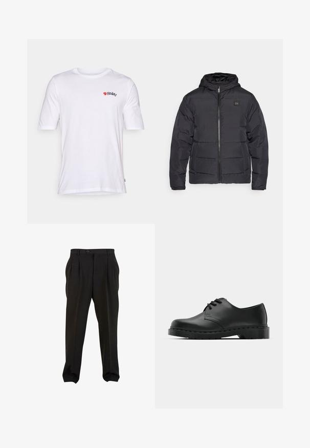 Mustan isoleissega puffer-jakk, millel on kapuuts, esitõmblukuga ja kaks küljetaskut, kaunistatud väikese logo plekiga rinna kohal.; Valge puuvillane T-särk, millel on ümmargune kaelus, lühikesed varrukad ning rinnal punane ja must logo. Sile tekstuur, casual sobivus.; Mustad püksid siledast kangast, esikreppidega, nööbivöökoht ja kitsenevad pahkluud. Klassikaline peenelt lõigatud siluett.; Mustad musta nahast oksfordi king, millel on paeltega disain, ümar nina, lame kummist tallal ja diskreetne õmblemise detail ülemise osa ääres.