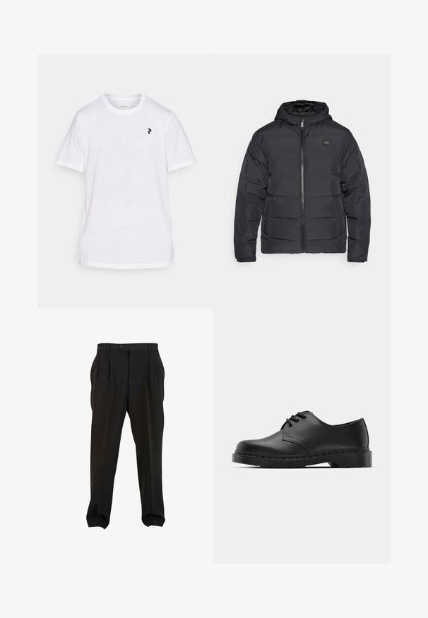 Czarna ocieplana kurtka puchowa z kapturem, z zamkiem z przodu oraz dwoma bocznymi kieszeniami, ozdobiona małą naszywką z logo na klatce piersiowej.; Peak Performance EXPLORE biały; Czarne spodnie z gładkiego materiału, z kieszeniami z przodu, zapinane na guzik w pasie i zwężanymi mankietami przy kostkach. Klasyczny sylwetka w stylu szytym na miarę.; Czarne skórzane półbuty oxford z zapięciem na sznurowadła, zaokrąglonym noskiem, płaską gumową podeszwą oraz subtelnym przeszyciem na cholewce.