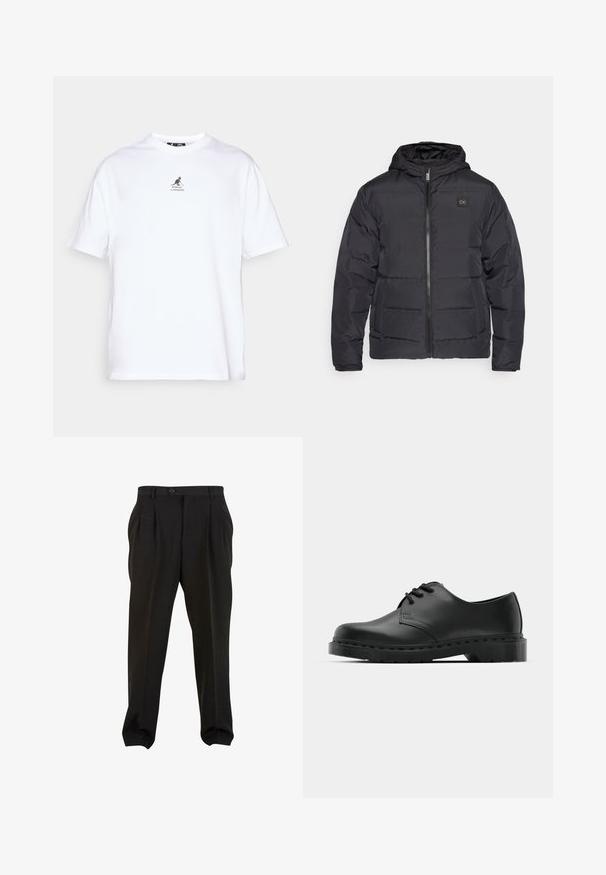 Juodas izoliuotas pūkinis paltas su kapišonu, turintis priekinius užtrauktukus ir dvi šoninės kišenes, puošiamas maža logotipo etikete ant krūtinės.; Balta medvilninė marškinė su apvaliu kaklu, trumpomis rankovėmis ir juodu kengūros logotipu, spausdintu krūtinės srityje. Daugiafunkcis laisvalaikio drabužis.; Juodos kelnės su lygiu audiniu, turinčios priekines klostes, mygtukų juosmenį ir siaurėjančius kulkšnies audinius. Klasikinis pritaikytas siluetas.; Juodos odinės oksfordo bateliai su raištelių užsegimu, apvaliu pirštu, plokščiu guminiu padu ir subtiliu siuvimo akcentu viršuje.