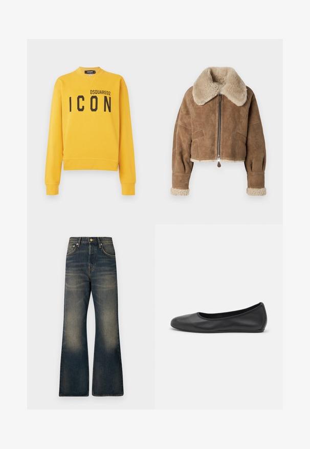 Giacca corta in suede marrone con un collo e polsini beige pelosi. Presenta una cerniera centrale e tasche laterali. Tessuto morbido, vestibilità sartoriale.; Felpa gialla in cotone, con collo rotondo, maniche lunghe e una grande stampa nera "ICON" sulla parte frontale.; Top in maglia senza maniche beige con texture a coste, con una forma ad A e sottili dettagli in cucitura diagonale.; Jeans in denim a gamba larga di colore blu scuro con un lavaggio sfumato, dotati di cinque tasche, chiusura con bottone e dettagli di cucitura a contrasto.; Pantofole da balletto nere in pelle con punta arrotondata, texture liscia, dettagli di cucitura minimi e design con suola flessibile.