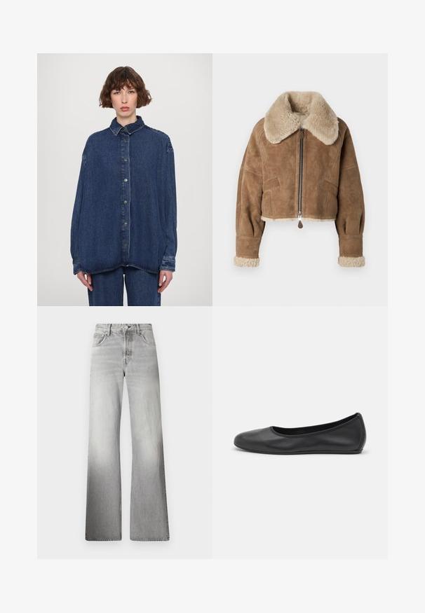 Brown suede cropped jacket with a fluffy beige collar and cuffs. Features a central zipper and side pockets. Soft texture, tailored fit.; Blue denim oversized shirt with a collar, front buttons, and long sleeves. Features a relaxed fit and a subtly faded texture.; Beige, sleeveless knit top with a ribbed texture, featuring an A-line shape and subtle diagonal stitching details.; Gray denim wide-leg jeans featuring a high waist, faded texture, five pockets, and a zip fly with button closure.; Black leather ballet flat with a rounded toe, smooth texture, minimal stitching detail, and a flexible sole design.