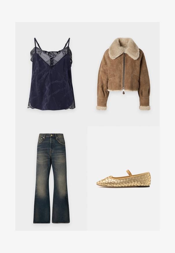 Brown suede cropped jacket with a fluffy beige collar and cuffs. Features a central zipper and side pockets. Soft texture, tailored fit.; Navy camisole with lace trim and scalloped edges, featuring a geometric pattern and button detail at the neckline. Soft fabric texture.; Beige, sleeveless knit top with a ribbed texture, featuring an A-line shape and subtle diagonal stitching details.; Denim flared jeans in dark blue with a faded wash, featuring five pockets, a button closure, and contrast stitching details.; Loeffler Randall LEONIE SOFT BALLET FLAT - Ankle strap ballet pumps - gold