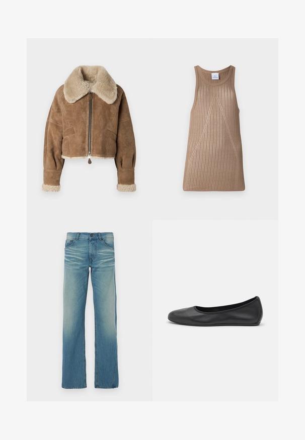 Pruun suede lühike jakk pehme beeži krae ja mansettidega. Omab keskmist tõmbluku ja küljetaskuid. Pehme tekstuur, kohandatud lõige.; Bež, ilma varrukateta kudum, ribitud tekstuuriga, A-line kujuga ja delikaatsete diagonaallõike detailidega.; Heledad sinise denimi sirge sääre lõikega teksapüksid, pleekinud värvusega, viie taskuga ja nööpidega sulgemisega. Nähtavad õmblused rõhutavad disaini.; Musthave mustika tantsutossud mustast nahast, ümmarguse varbaga, siledast tekstuurist, minimaalse õmblusdetailiga ja paindliku tallakujundusega.