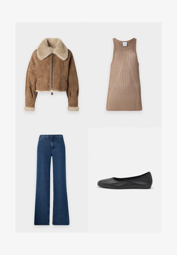 Hnědá surová zkrácená bunda s huňatým béžovým límcem a manžetami. Obsahuje centrální zip a boční kapsy. Měkká textura, přiléhavý střih.; Beige, bezrukávový pletený top s žebrovanou strukturou, s A-liniovým střihem a jemnými diagonálními švy.; Modré džínové zvonové kalhoty s vysokým pasem, designem se pěti kapsami a kovovým zapínáním. Hladká textura, neformální styl a minimální švy.; Černé kožené baletní byty s kulatou špičkou, hladkou texturou, minimálními švy a flexibilním designem podrážky.