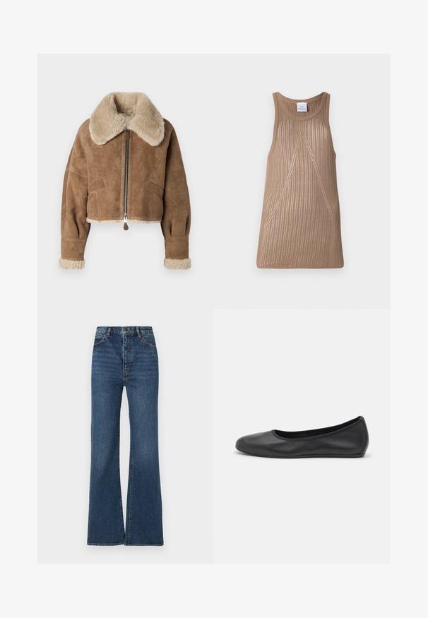 Veste en suède marron, cropped, avec un col et des poignets en peluche beige. Dispose d'une fermeture éclair centrale et de poches latérales. Texture douce, coupe ajustée.; Débardeur en tricot beige sans manches avec une texture côtelée, présentant une forme en A et des détails de couture diagonale subtils.; Jean en denim bleu évasé, doté d'une taille haute, d'un design à cinq poches et d'un léger délavage sur le tissu pour ajouter texture et profondeur.; Ballerines en cuir noir avec un bout rond, texture lisse, détails de couture minimalistes et design de semelle flexible.