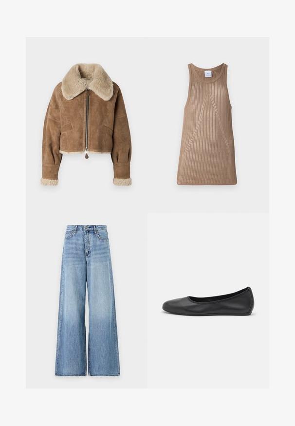 Ruskea mokkanahka cropped-takki, jossa on pörröinen beige kaulus ja hihansuut. Varustettu keskikäyttöisellä vetoketjulla ja sivutaskuilla. Pehmeä pinta, istuva malli.; Beige, hihaton neulepaita, jossa on ribbi rakenne, A-linjainen muoto ja hienovaraiset vino ommel yksityiskohdat.; Vaaleansiniset leveälahkeiset farkut, jotka on valmistettu denimistä. Ominaisuuksiin kuuluu korkea vyötärö, suuret levenevät lahkeet ja standardi viiden taskun tyyli metallivarusteilla.; Musta nahkainen ballerina, jossa on pyöristetty kärki, sileä pinta, minimaalinen ommelkoristelu ja joustava pohjamuotoilu.