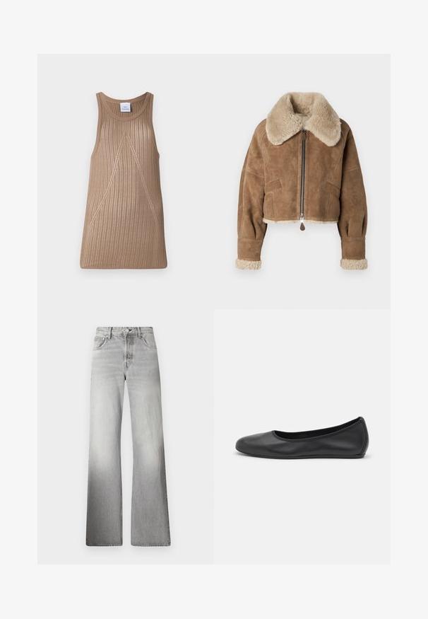 Giacca corta in suede marrone con un collo e polsini beige pelosi. Presenta una cerniera centrale e tasche laterali. Tessuto morbido, vestibilità sartoriale.; Top in maglia senza maniche beige con texture a coste, con una forma ad A e sottili dettagli in cucitura diagonale.; Jeans a gamba larga in denim grigio con vita alta, texture sbiadita, cinque tasche e patta con zip e chiusura a bottone.; Pantofole da balletto nere in pelle con punta arrotondata, texture liscia, dettagli di cucitura minimi e design con suola flessibile.