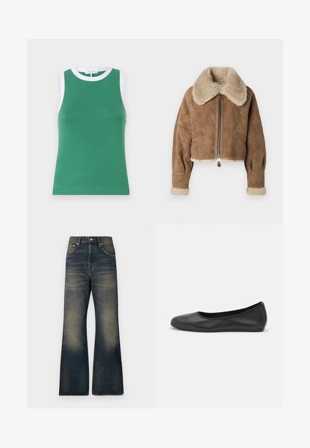 Ruskea mokkanahka cropped-takki, jossa on pörröinen beige kaulus ja hihansuut. Varustettu keskikäyttöisellä vetoketjulla ja sivutaskuilla. Pehmeä pinta, istuva malli.; Vihreä ilman hihoja oleva paita, jossa on tiukka muotoilu, valkoisella pyöreällä kaula-aukolla ja käsivarsitrimmeillä, valmistettu sileästä ja joustavasta materiaalista.; Tummansiniset farkkulevyhousut, joissa on haalistunut pesu, viisi taskua, nappikiinnitys ja kontrastiväriset tikkaukset.; Musta nahkainen ballerina, jossa on pyöristetty kärki, sileä pinta, minimaalinen ommelkoristelu ja joustava pohjamuotoilu.