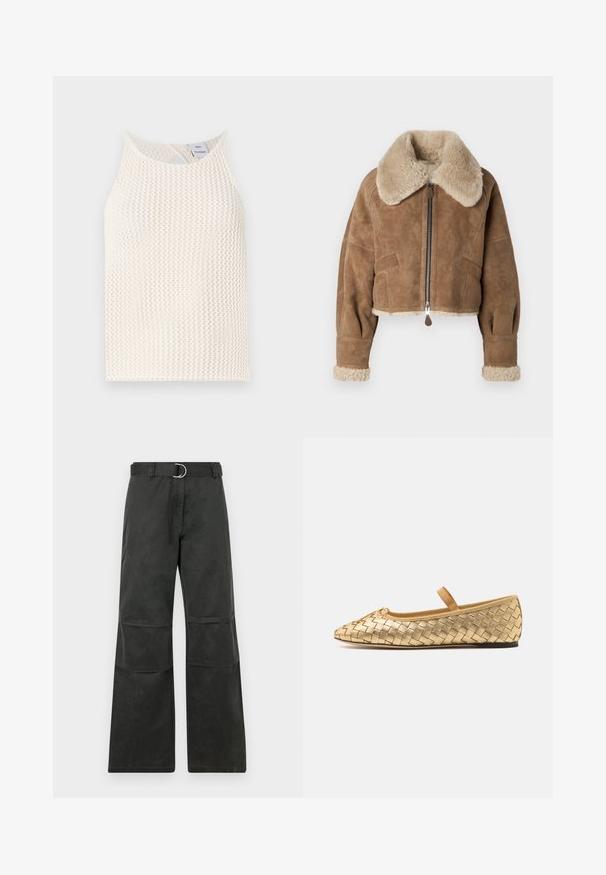 Brun ruskindsjakke i cropped stil med en fluffy beige krave og mansjetter. Har en central lynlås og sidelommer. Blød tekstur, skræddersyet pasform.; Hvid net tanktop med rund halsudskæring og en nøglehuldetalje bagpå. Strukturstof med en løs pasform.; Sorte vide bukser med mid-rise talje, udstyret med et bælte med en sølv cirkulær spænde og detaljeret med knælapper.; Loeffler Randall LEONIE SOFT BALLET FLAT - Ballerinasko m/ rem - gold