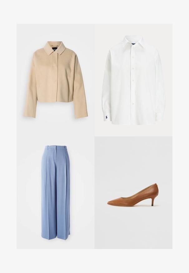 Beige cropped coat with a smooth wool texture, pointed collar, and long sleeves. Features front placket without visible fasteners.; White button-up shirt with long sleeves, classic collar, and a small blue logo on the cuff. Smooth cotton fabric, structured fit.; Light blue wide-legged trousers with a smooth texture, featuring pleats and belt loops at the waist, designed for a relaxed fit.; Lauren Ralph Lauren ADRIENNE - Classic heels - deep saddle tan