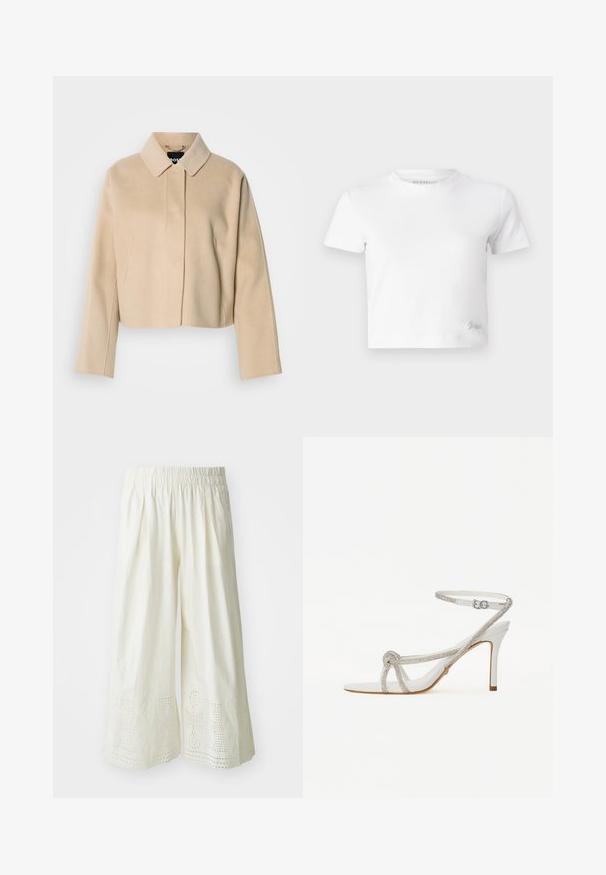 Beige cropped jas met een zachte wollen textuur, een puntige kraag en lange mouwen. Voorzien van een voorpasje zonder zichtbare sluitingen.; Witte cropped t-shirt van zacht katoen, met een hoge hals en korte mouwen. Klein geborduurd logo in de onderhoek.; Witte wijde broek met een textuurstof, een elastische tailleband en ingewikkelde uitsnijdingen aan de zoom.; Witte hoge hak sandaal met een textuurriem voorzien van rhinestones, open teen ontwerp en enkelband met verstelbare gesp.