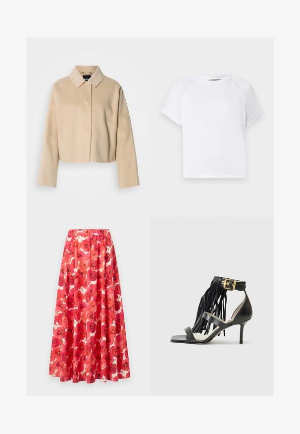 Manteau court beige avec une texture en laine lisse, col pointu et manches longues. Présente une patte de boutonnage à l'avant sans attaches visibles.; T-shirt en coton blanc avec un col rond, des manches raglan courtes et une coupe décontractée. Texture lisse sans motifs ni accents visibles.; Jupe avec une taille élastique présentant un motif floral de coquelicots rouges et roses sur un fond blanc. Silhouette évasée, tissu léger.; Sandale noire à talons hauts avec des franges, bride de cheville avec quincaillerie dorée, bout carré plat et deux brides croisées sur l'empeigne.