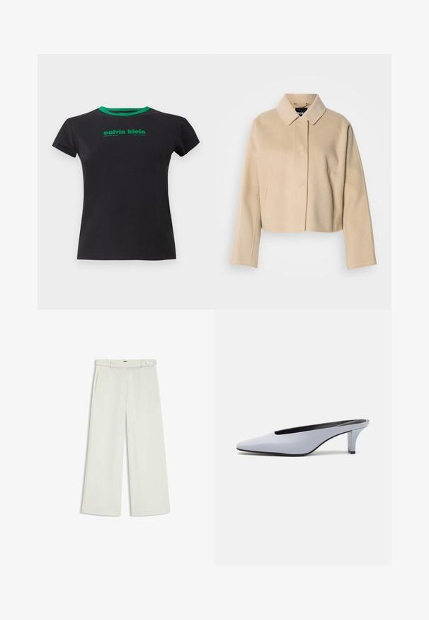 Beige cropped takki, jossa on sileä villainen pinta, terävä kaulus ja pitkät hihat. Edessä liitoslista ilman näkyviä kiinnityksiä.; Musta puuvillapaita lyhyillä hihoilla ja pyöreällä vihreällä kaula-aukolla. Sisältää vihreällä painettua tekstiä: "calvin klein, West 29th Street, New York City."; Housut leveillä lahkeilla vaalean kermaisessa kankaassa, jossa on sivutaskut, litteä etuosa ja yksi nappikiinnitys vyötäröllä. Silkkinen pinta.; Vaaleansiniset patentoidut korkokengät, joissa on terävä kärki, matala läpinäkyvä korko ja tyylikäs muotoilu, jossa on aukko vampissa.
