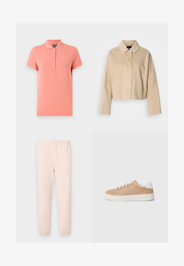 Bēšs īss mētelis ar gludu vilnas faktūru, asu apkakli un garām piedurknēm. Priekšpusē aizdare bez redzamām sprādzēm.; Gai rozā polo krekls, kas izgatavots no kokvilnas, ar klasisku apkakli, īsām piedurknēm, piecu pogu aizdari un mazu zelta logotipa akcentu.; Gaiši rozā sporta bikses ar elastīgu jostasvīru un saspringtiem ādām, izgatavotas no mīkstas kokvilnas maisījuma auduma ar gludu tekstūru.; Bežā ādas kedas ar baltām akcentu krāsām, apaļa purngalu, plakana zole un kontrastējošas šuvju detaļas. Mežģīņu aizdare ar sešiem aciņām.